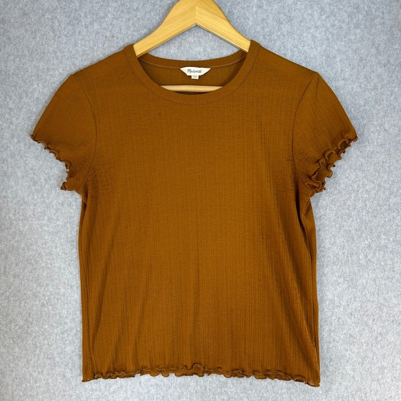 Madewell Sheer Summer Baby Tee Golden Pecan Lettuce Hem SS Shirt Womens Medium - Picture 1 of 11